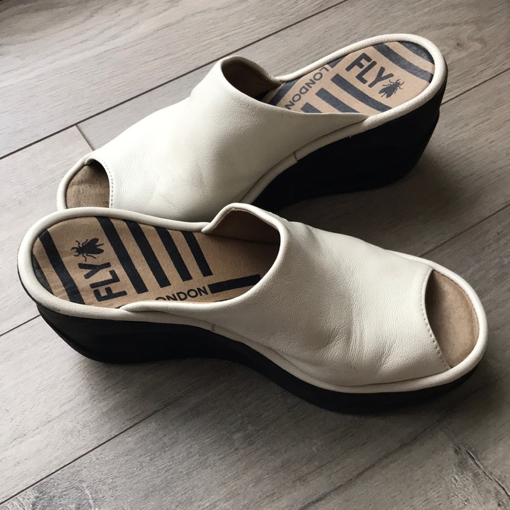 Fly London white slide wedge shoes, 6 1/2